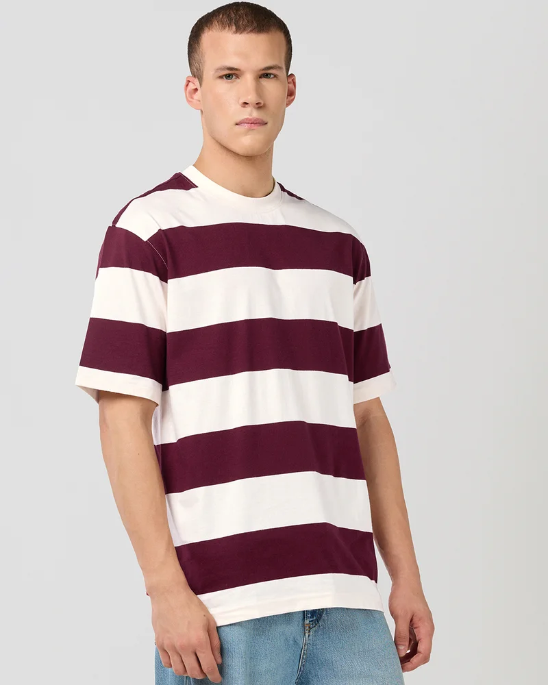 bewakoof Men's Wine Maroon & White Striped Oversized T-shirt